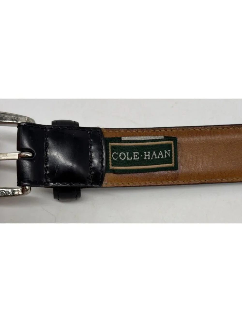 Cole Haan Black Leather Belt Solid Brass Silver Tone Buckle Men’s 34/85 Made USA